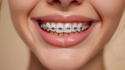 Naklejka premium Close-up of a smiling young person's lips, showing white teeth with braces, with space for text, ideal for product advertisement