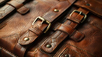 Close-up of a brown leather suitcase, showcasing fine details, full depth of field, light background, isolated, studio lighting