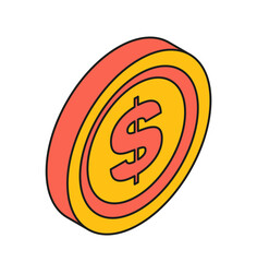 Business isometric icons. Colorful sticker with gold dollar coin. Finance and money management, investing and profit or income increase. Cartoon 3D vector illustration isolated on white background