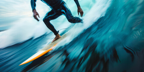 A close-up of a surfer riding a wave, with motion blur highlighting the dynamic movement