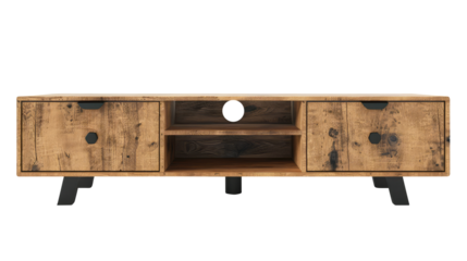 Modern wood tv stand isolated on transparent white background, clipping path