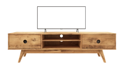 Modern wood tv stand isolated on transparent white background, clipping path