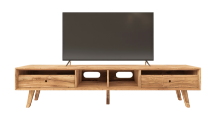 Modern wood tv stand isolated on transparent white background, clipping path