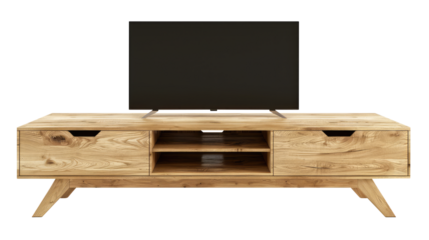 Modern wood tv stand isolated on transparent white background, clipping path