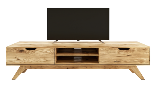 Modern wood tv stand isolated on transparent white background, clipping path