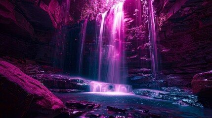 Fototapeta premium Enchanted neon waterfall in a mystical cave, Vivid purple neon waterfall cascading into a serene pool within an ethereal rocky cave setting