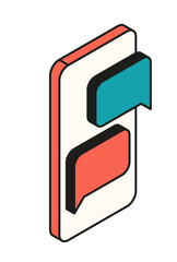 Marketing isometric icons. Sticker with dialogue or chat on smartphone screen. Communication on social networks and attracting clients. Cartoon 3D vector illustration isolated on white background