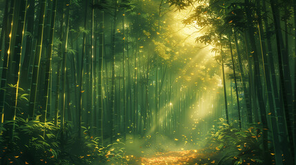 Sunlight Filtering Through Dense Bamboo Forest with Golden Glow