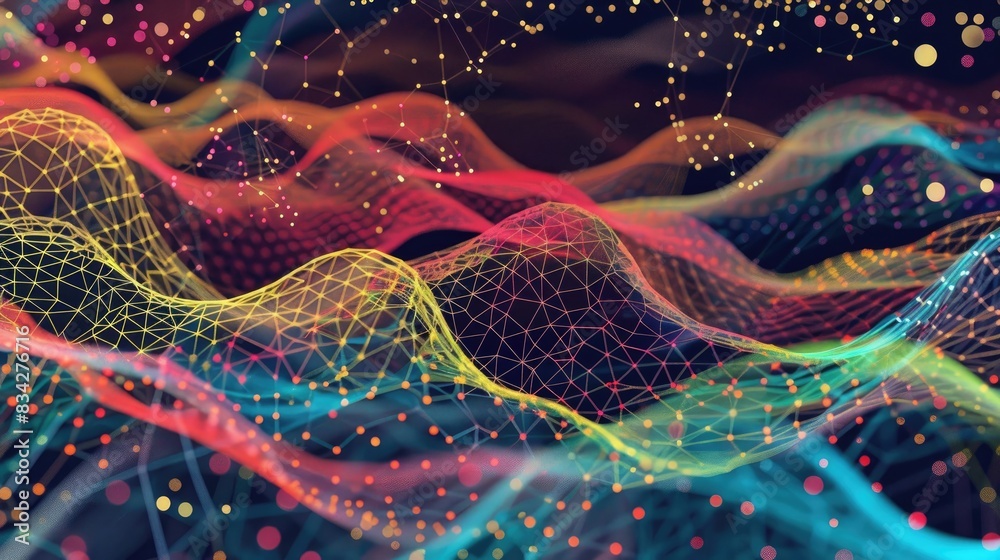 Poster abstract background with dotted waves and interwoven lines network connection pattern