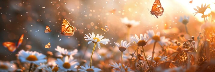 Sunlit field of daisies with fluttering butterflies. Chamomile flowers on a summer meadow in nature, panoramic landscape