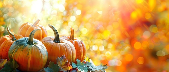 A bunch of pumpkins are on a table with leaves and the background is orange - Powered by Adobe