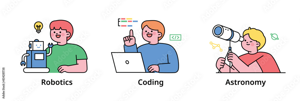 Poster cute student characters learning various things at school. robotics, coding, astronomy. outline simp