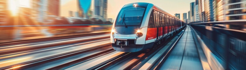 Obraz premium A train is traveling down a track in a city. The train is red and white