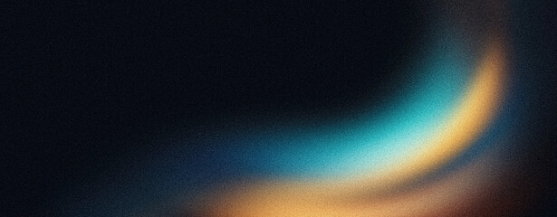 Grainy background noisy blue yellow orange abstract glowing color wave, black backdrop vibrant dark banner poster design