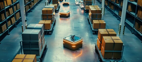 A robot is driving down a warehouse aisle with boxes stacked on the floor