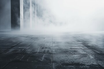 Empty urban space with fog, dark mysterious atmosphere, concrete floor, and vertical columns disappearing into mist.