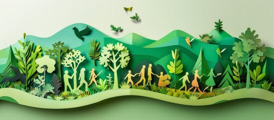 A green and brown paper mountain with people walking on it. The people are holding hands and some are carrying bags