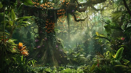 A Lush Jungle Vista Featuring a Stately Old Tree with Cascading Vines and Vibrant Tropical Flowers