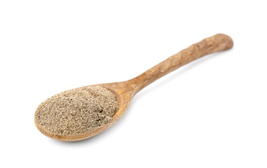 Aromatic spice. Ground black pepper in scoop isolated on white