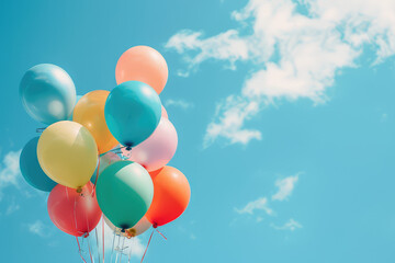 Bunch of colorful helium balloons are floating high up in blue sky