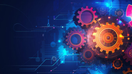 Obraz premium Abstract techno gear background with geometric colorful gear wheels. Space for gear text. Vector gears modern mechanism industrial . Technology gears