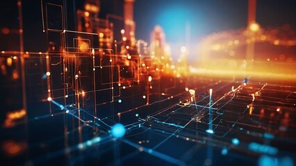 Fototapeta premium Abstract technology background with a cyber network grid and connected particles. Artificial neurons, global data connections