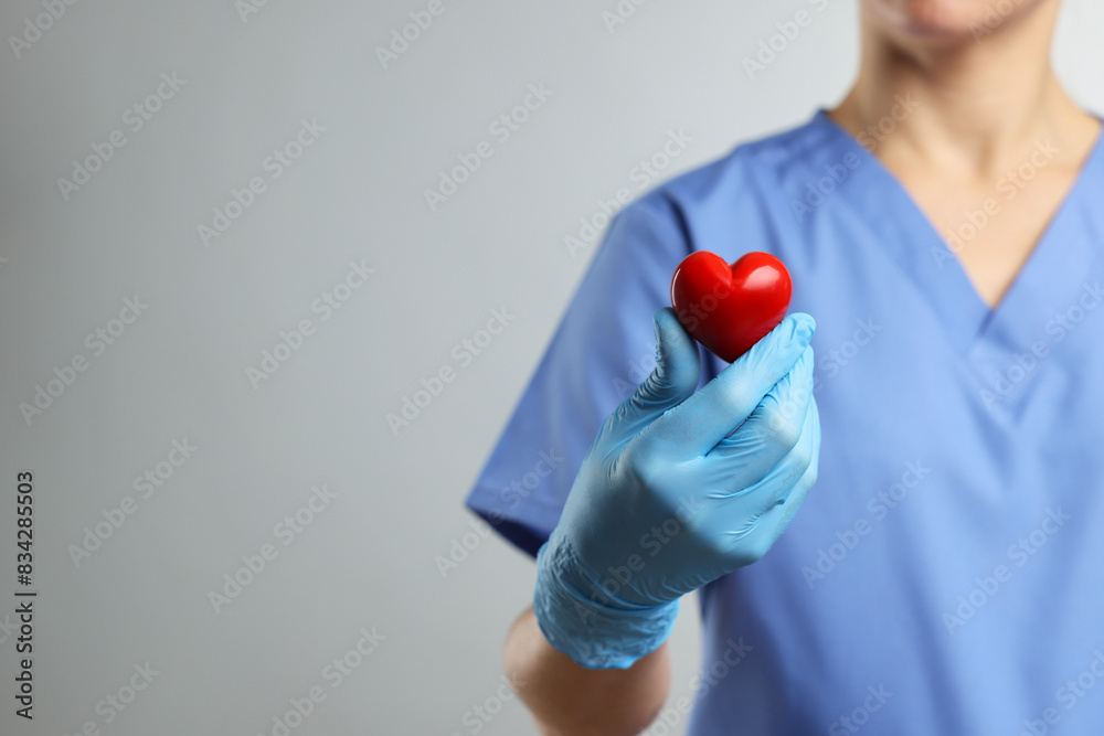 Wall mural Doctor wearing light blue medical glove holding decorative heart on grey background, closeup. Space for text