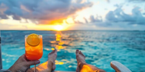 A close-up of a person's feet propped up on a lounge chair, with a tropical drink in hand and the ocean in the distance