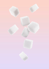 Refined sugar cubes in air on color gradient background
