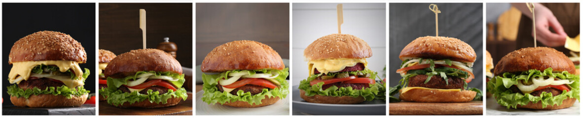 Delicious vegetarian burgers, collage with different photos