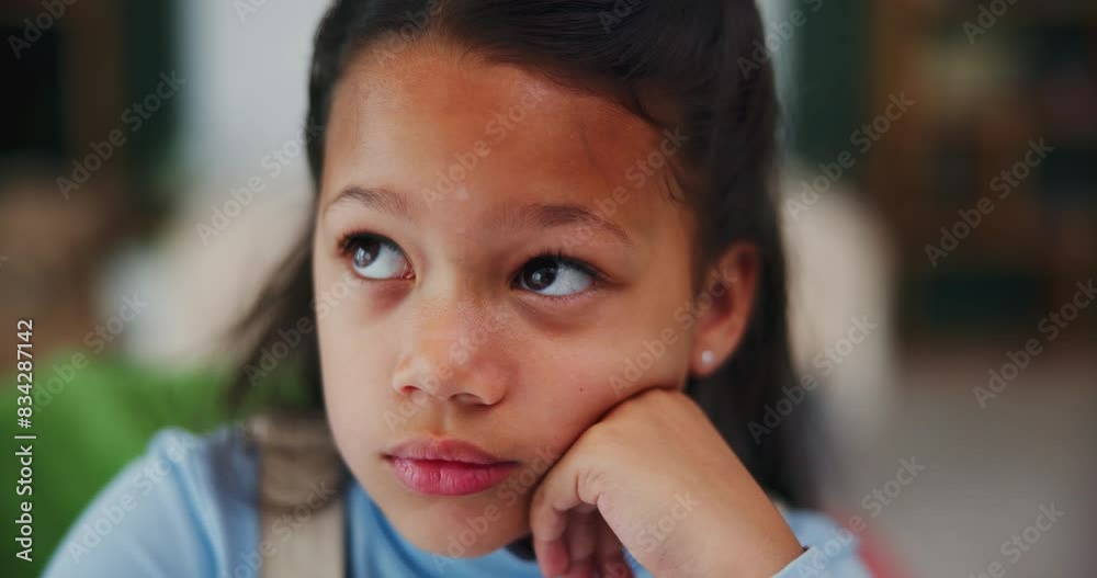 Poster bored, education and idea with student girl in home for child development, learning or study. proble