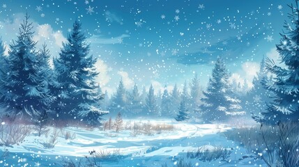 Snowy winter landscape with pine trees, blue tones, serene atmosphere