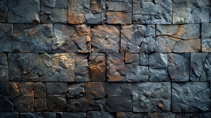 Fototapeta premium Basalt block wall with rough texture, bright light, dark hues, vertical format,