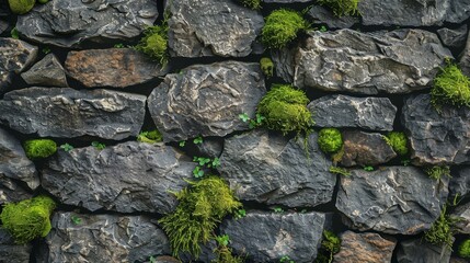Rustic stone wall with moss accents, natural texture, soft daylight, horizontal composition,