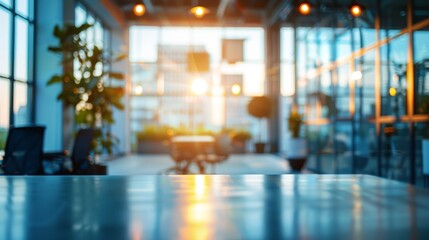 Beautiful blurred background of a light modern office interior with panoramic windows and beautiful lighting.