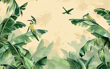 Illustration of tropical wallpaper print design with emperor birds of paradise flying on palm banana leaves. AI generated illustration
