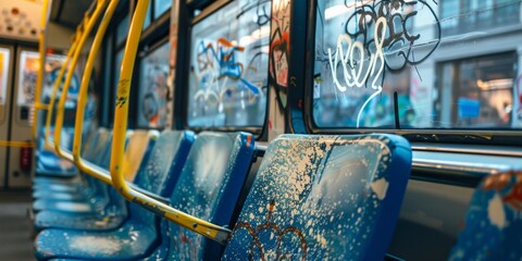 A close-up of graffiti and vandalism on public transit, including scratched windows and torn seats