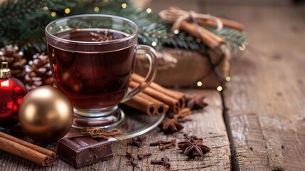 Winter themed hot tea with cinnamon anise chocolate and a Christmas tree branch on a wooden brown...