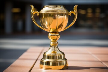 A shiny gold trophy with a detailed cup and ornate handles sits on a solid brown table under soft lighting. The trophy is in focus, with a blurred background, and is isolated on a brown background