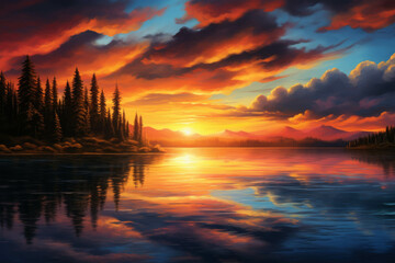 Fiery Sunset Reflected on a Tranquil Lake Amidst the Forest