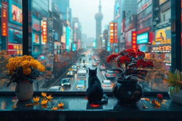 Naklejka premium A black cat watches a rainy city street from a window with flower pots. Busy street with cars, people, lights reflected on wet pavement. Raindrops create a serene urban scene