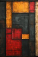 An abstract red, orange and black image with large bold shapes. 