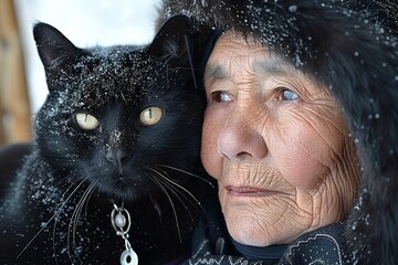 An elegant elderly woman, exuding joy, wears a black fur coat and holds a black cat on her shoulder. The feline companion appears content, gazing serenely, illustrating their heartwarming bond