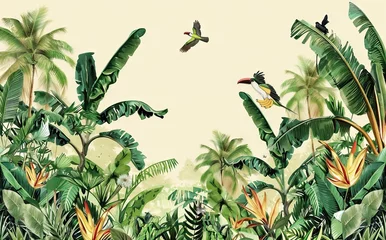 Tropical jungle wallpaper bird, Tropical leaves, tropical flowers wallpaper for digital printing. Exotic jungle wallpaper. AI generated illustration