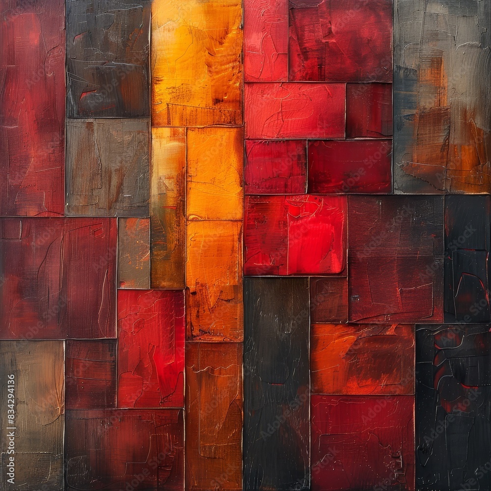 Wall mural An abstract red, orange and black image with large bold shapes. 