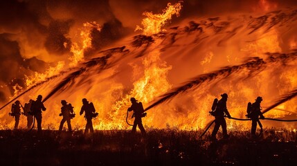 Fototapeta premium Firefighters Battling Massive Blaze at Dusk