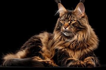 A stunning long-haired brown Maine Coon cat with captivating big green eyes, gazing off into the distance. Isolated on a sleek black background in a studio setting