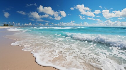 Scenic View of a Tranquil Beach with Clear Blue Waters and Fluffy Clouds