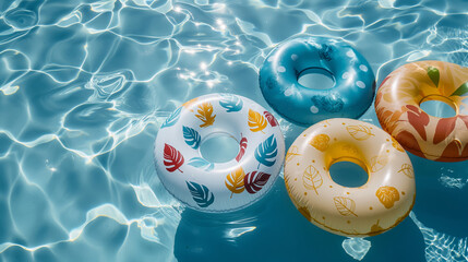 Four Inflatable Pool Rings with Various Patterns in Clear Water