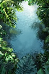 3d render azzure sea surface wirh sun reflections in the middle, surrounded by lush green tropical leaves and palms . top view, flat lay. space for text or product mockup. nature concept